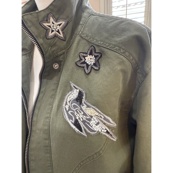 Cabi Utility Military Jacket Sequin Embellished Bird Star Patch Army Green Sz S - Picture 9 of 16